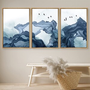 DustinWay Framed Canvas Print Wall Art Set of 3 Pastel Blue Smoke Wave and Birds Abstract Landscape Modern Art Minimalist Decor