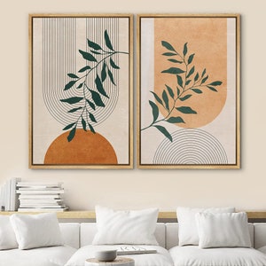 DustinWay Framed Canvas Print Wall Art Set of 2 Geometric Plants Polygons Abstract Shapes Illustration Mid Century Modern Art Boho Decor