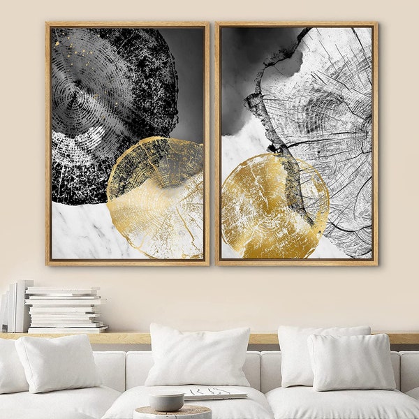 DustinWay Framed Canvas Print Wall Art Set of 2 Black Gold Wood Tree Ring Illustrations Modern Art Minimalist Decor