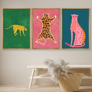 DustinWay Framed Canvas Print Wall Art Set Cheetah Cats Animal Modern Boho Art Preppy Room Decor