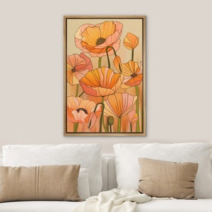 DustinWay Framed Canvas Print Wall Art Poppy Flower Floral Botanical Illustration Modern Boho Art Minimalist Decor