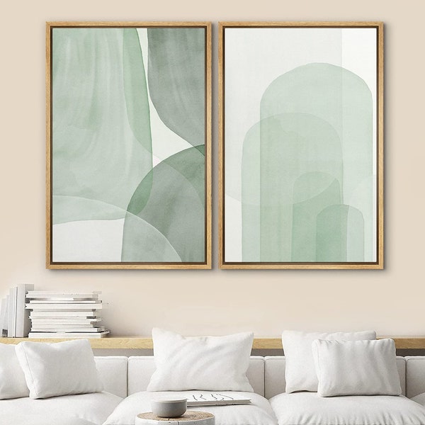 DustinWay Framed Canvas Print Wall Art Set of 2 Sage Green Abstract Modern Art Minimalist Boho Decor