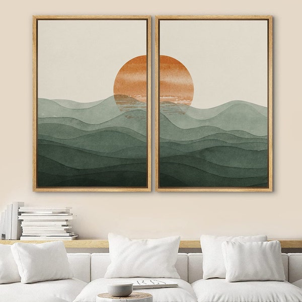 DustinWay Framed Canvas Print Wall Art Set of 2 Rising Sun Over Green Mountain Abstract Mid Century Modern Wall Art Minimalist Boho Decor