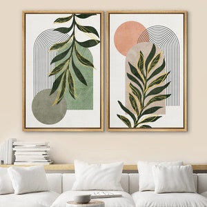DustinWay Framed Canvas Print Wall Art Set of 2 Jungle Palm Leaf Polygon Abstract Shapes Illustrations Mid Century Modern Art Boho Decor