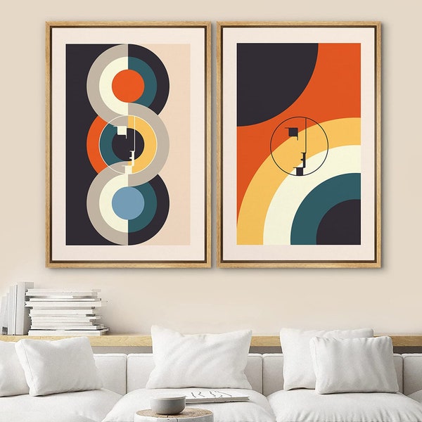 DustinWay Framed Canvas Print Wall Art Set of 2 Colorful Geometric Abstract Shapes Illustration Mid Century Modern Wall Art Minimalist Decor