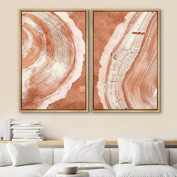 DustinWay Framed Canvas Print Wall Art Set of 2 Abstract Orange Wood Tree Ring Modern Art Minimalist Boho Decor