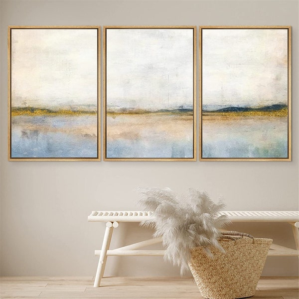 DustinWay Framed Canvas Print Wall Art Set Blue Gray Abstract Landscape Modern Art Minimalist Decor