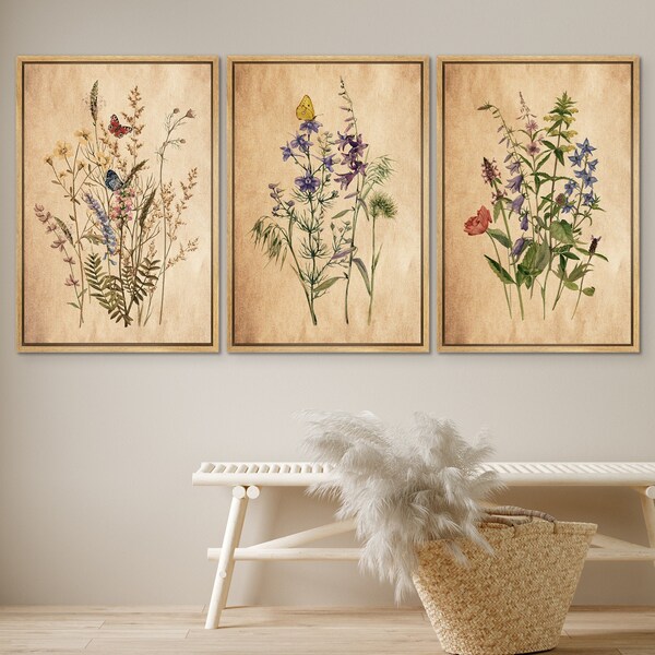 DustinWay Framed Canvas Print Wall Art Set Vintage Wildflower Floral Botanical Illustrations Modern Art Minimalist Decor