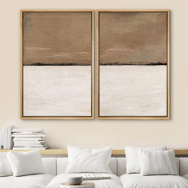 DustinWay, impression sur toile encadrée, art mural, lot de 2, marron havane pastel, paysage abstrait, art moderne, décoration neutre minimaliste