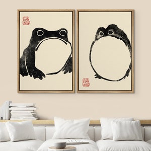 DustinWay Framed Canvas Print Wall Art Set of 2 Japanese Frogs by Matsumoto Hoji Modern Art Minimalist Vintage Decor