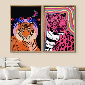 DustinWay Framed Canvas Print Wall Art Set Cheetah Cats Animal Modern Boho Art Preppy Room Decor