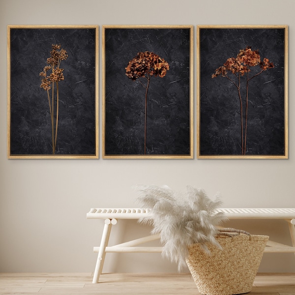 DustinWay Framed Canvas Print Wall Art Set Moody Dark Dried Wildflower Floral Botanical Minimalist Art Modern Farmhouse Wall Decor