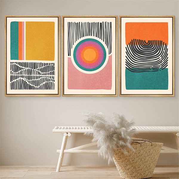 DustinWay Framed Canvas Print Wall Art Set of 3 Color Blocks Abstract Shapes Illustrations Mid Century Modern Wall Art Boho Decor