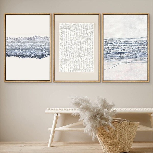 DustinWay Framed Canvas Print Wall Art Set of 3 Blue White Abstract Illustration Modern Art Neutral Minimalist Decor