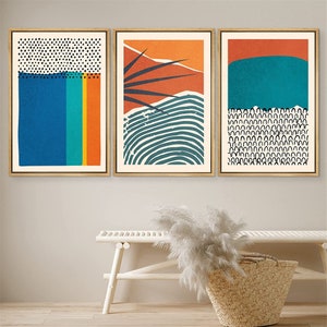 DustinWay Framed Canvas Print Wall Art Set of 3 Color Blocks Abstract Shapes Illustrations Mid Century Modern Wall Art Boho Decor