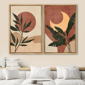 DustinWay Framed Canvas Print Wall Art Set of 2 Sun and Moon Desert Plants Abstract Shapes Illustrations Mid Century Modern Art Boho Decor