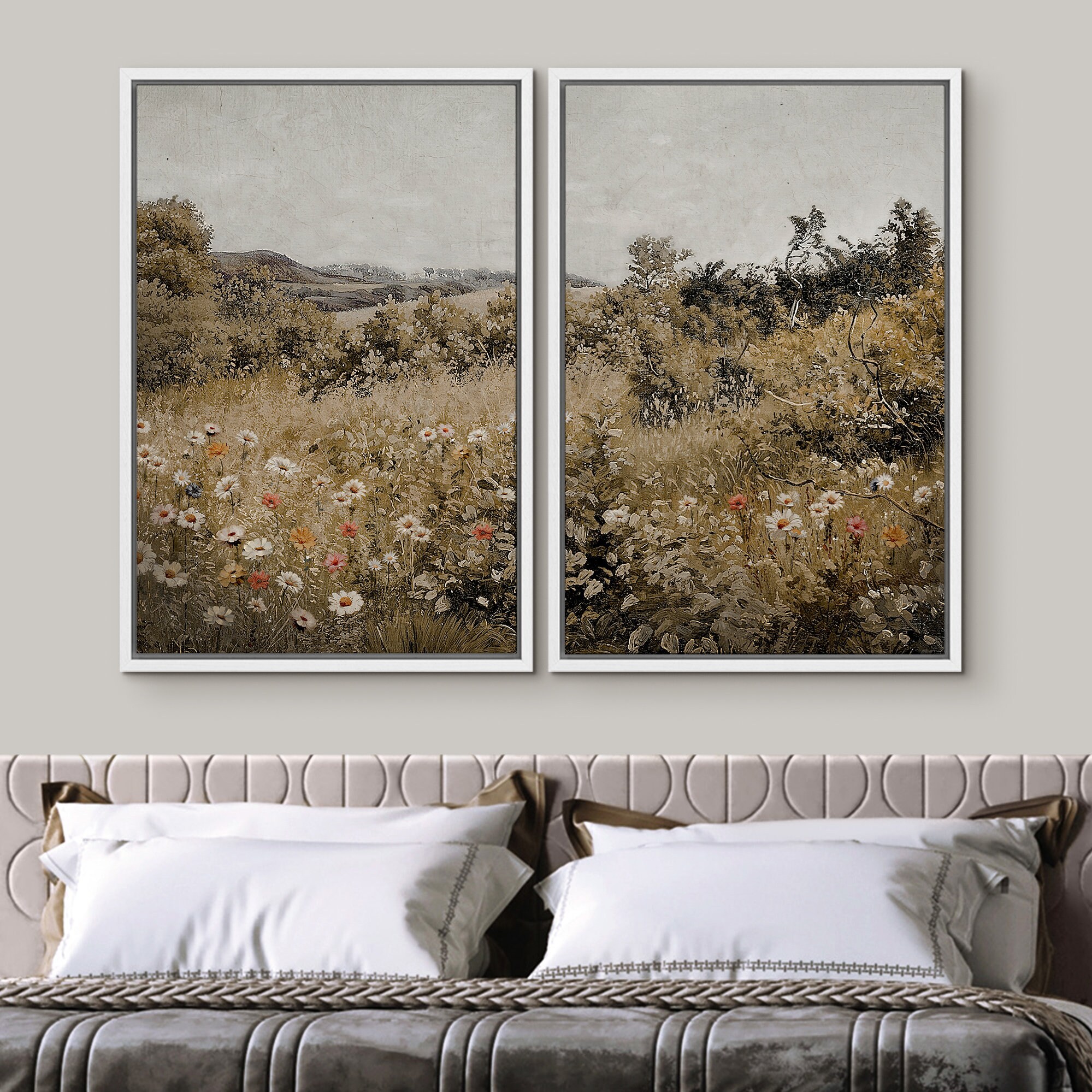 Framed Canvas Wall Art Set of 3 Wildflower Field Print Woodland ...