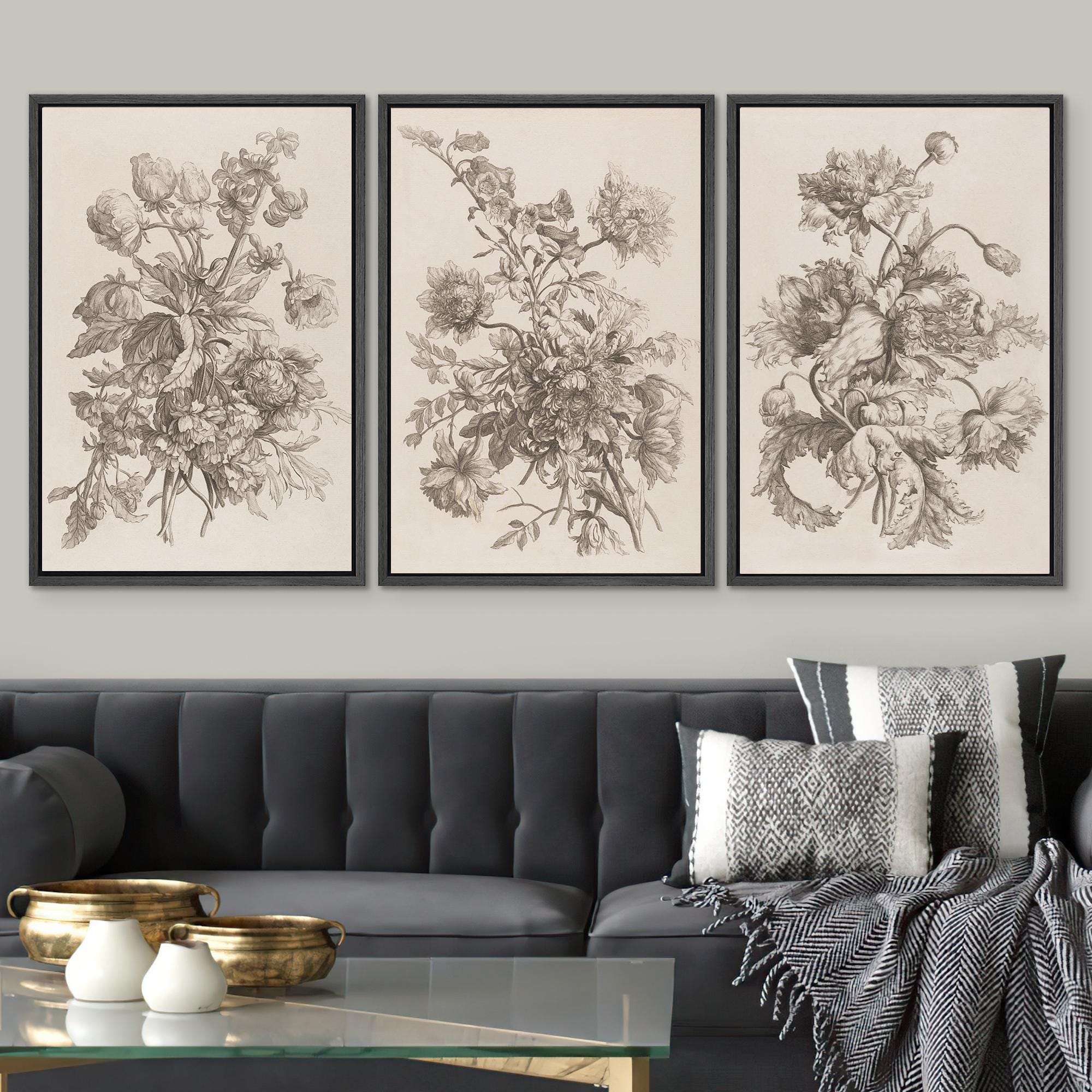 Framed Vintage Floral Wall Art Set of 3, Botanical Sketch Canvas Prints ...