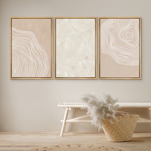 DustinWay Framed Canvas Print Wall Art Set White Tan Wood Tree Ring Abstract Illustrations Modern Art Minimalist Boho Decor