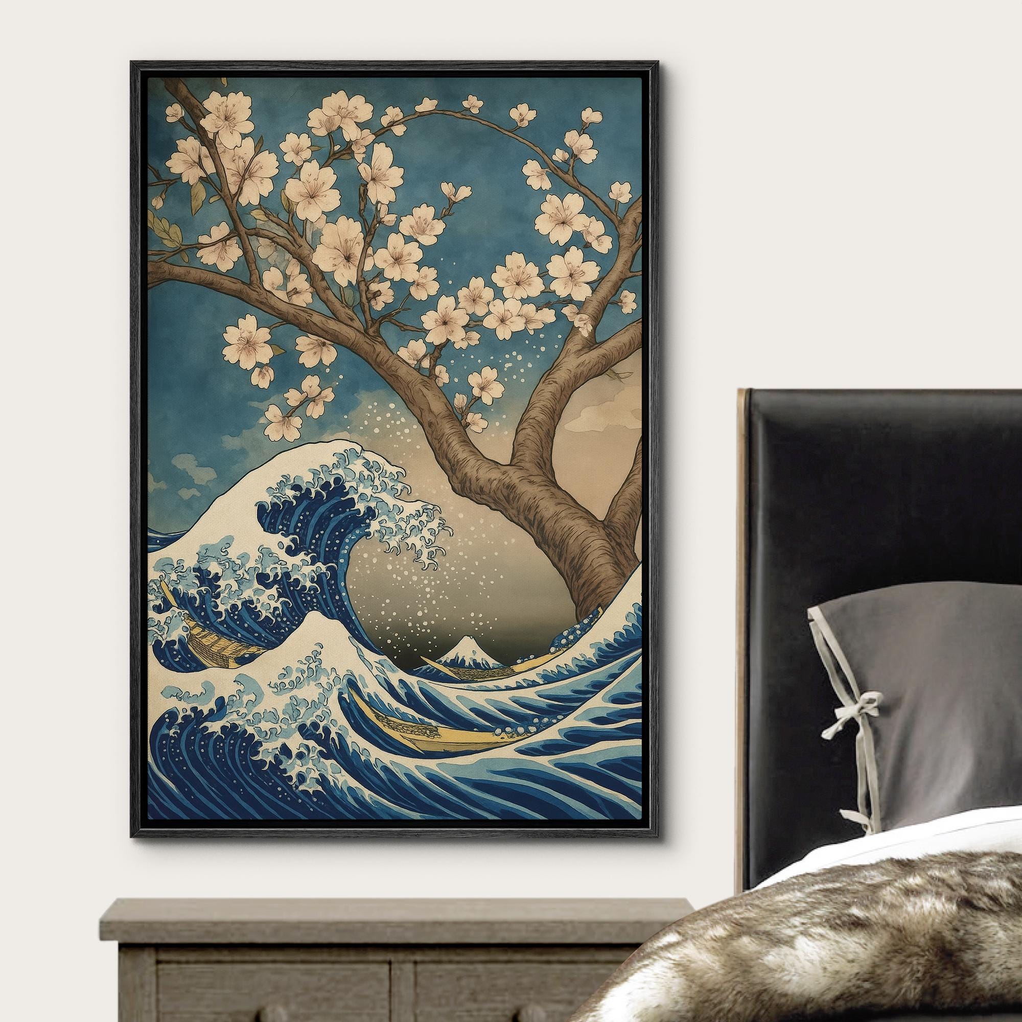 Japanese Wave & Sakura Wall Art - Framed Ukiyo-e Style Canvas