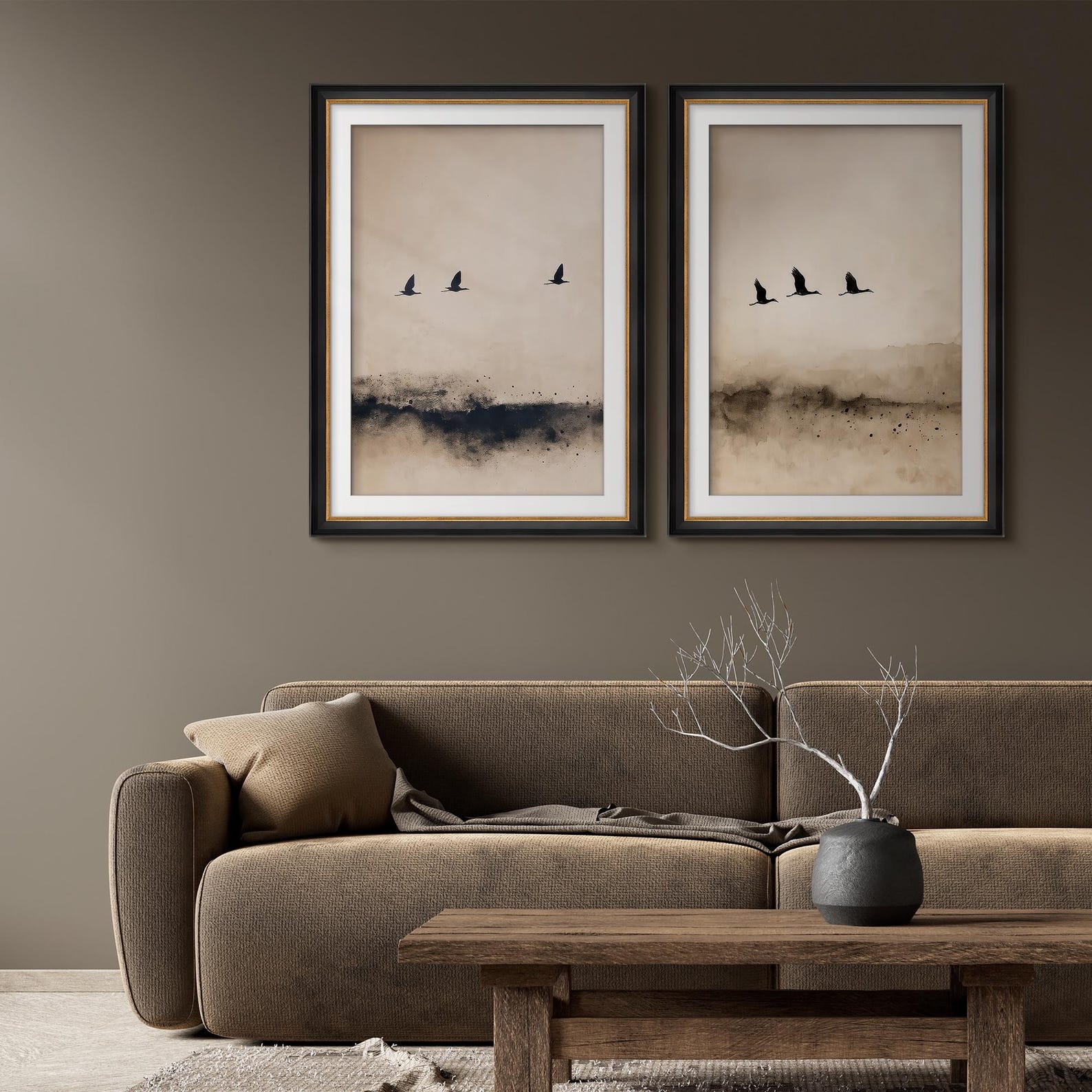 Framed Minimalist Flying Birds Wall Art Set of 2, Neutral Ink Landscape ...