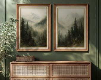 Framed Mountain Forest Wall Art Set of 2, Misty Pine Tree Landscape Prints, Rustic Woodland Artwork for Living Room Decor