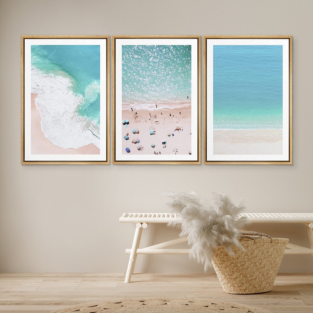 Ocean Photography Set of 3 - Framed Nautical Canvas Print, Teal Beach ...