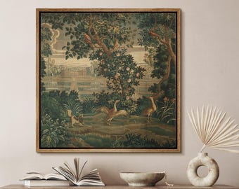 Impresiones artísticas de pared en lienzo enmarcado: Escena de jardín ornamentado con pájaros y árboles, arte de estilo tapiz botánico vintage, elegante decoración campestre francesa