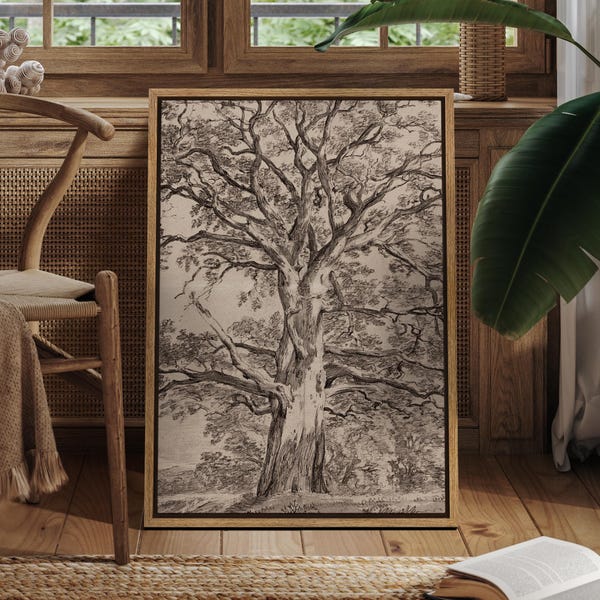 Vintage Tree Sketch Canvas Art - Framed Rustic Oak Drawing, Black & Beige Botanical Print, Nature Wall Decor for Country Cottage or Cabin