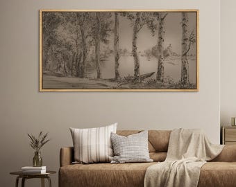 Large Framed Canvas Wall Art Vintage Poplars Tree and Lake Sketch Antique Landscape Wall Decor Minimalist Brown tone Artwork for Office