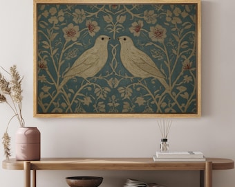 May include: A rectangular wall art print in a light wood frame featuring two beige birds facing each other, set against a dark teal background with a repeating pattern of beige floral vines and small red accents on the flower centers.