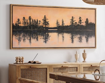 Lake Reflection Sunset Wall Art, Large Framed Pine Tree Silhouette Landscape Canvas Print, Rustic Nature Decor for Living Room