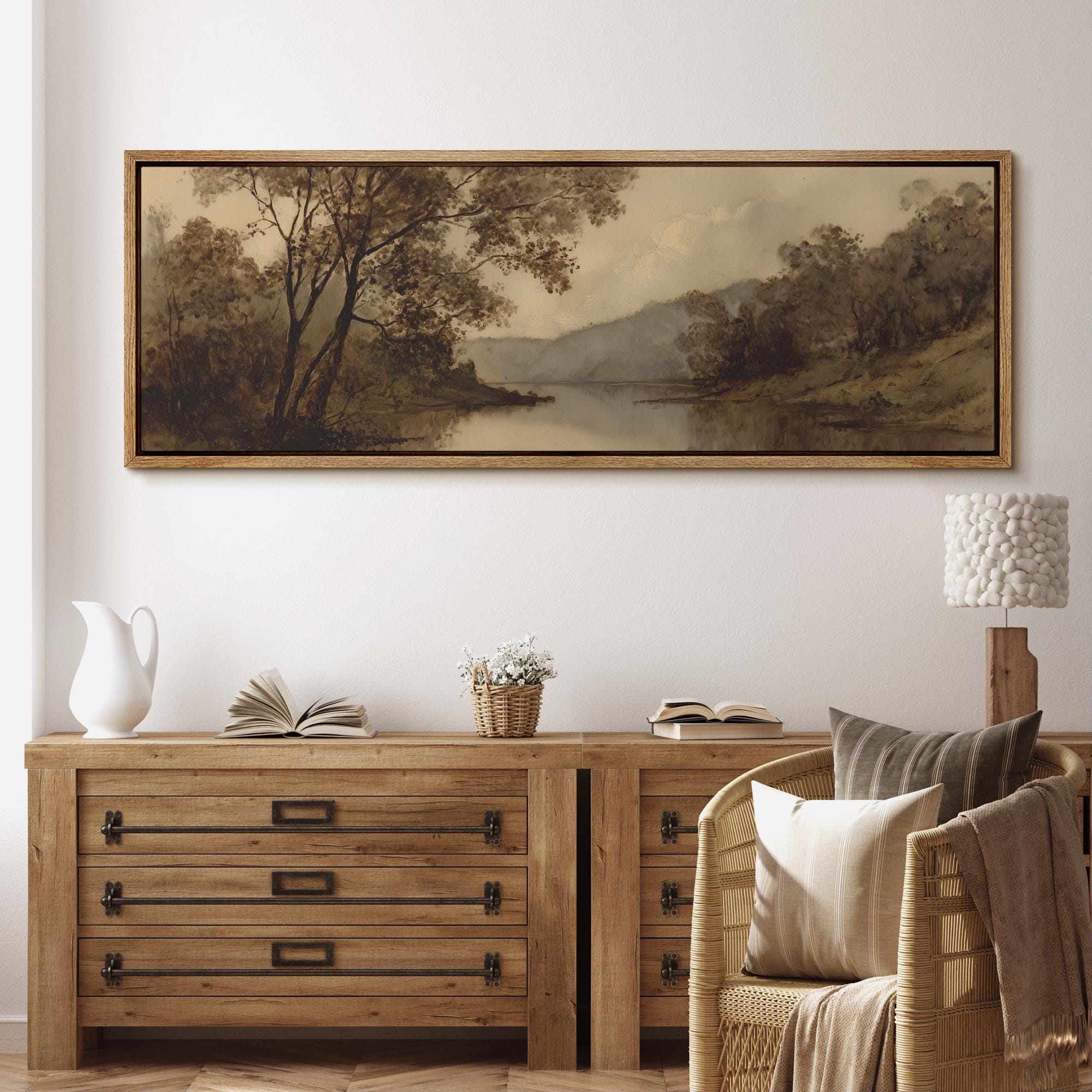 Large Framed Vintage River Landscape Wall Art, Misty Mountain Lake ...