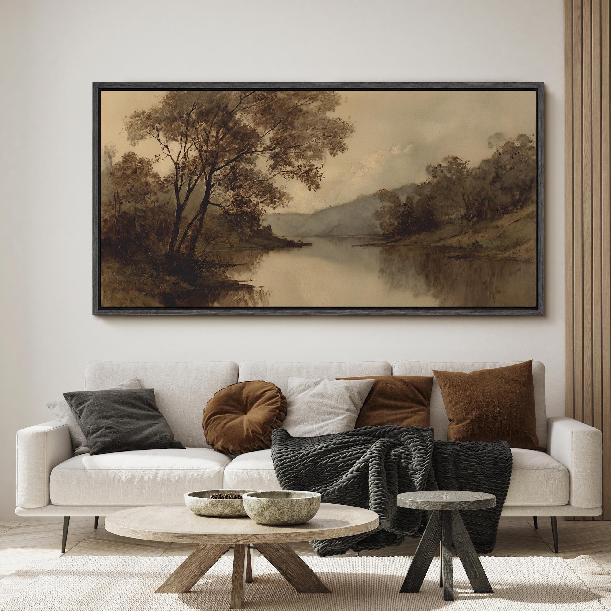 Large Framed Vintage River Landscape Wall Art, Misty Mountain Lake ...