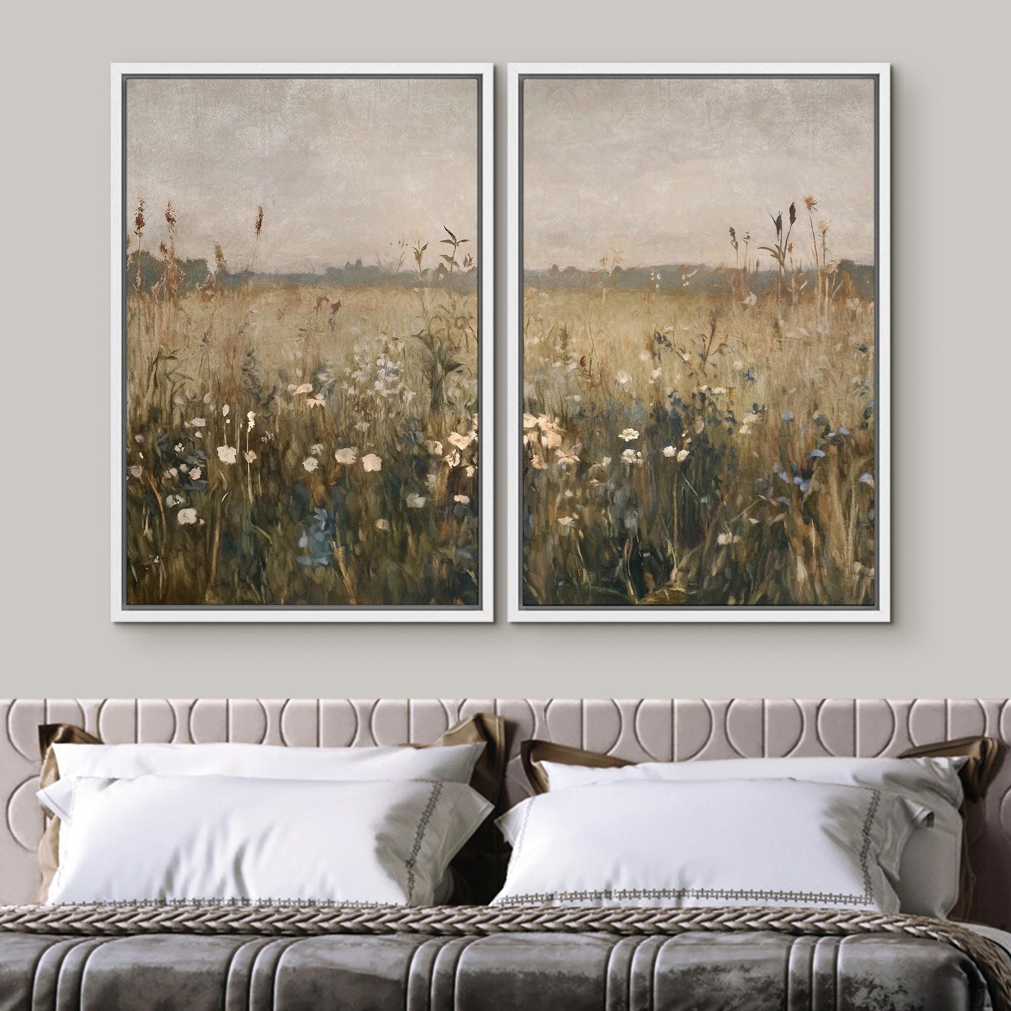 Vintage Wildflower Art - Framed Meadow Landscape Canvas Set of 3 ...