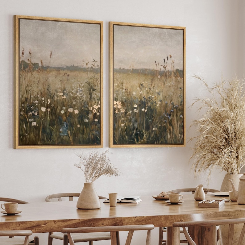 Vintage Wildflower Art - Framed Meadow Landscape Canvas Set of 3 ...