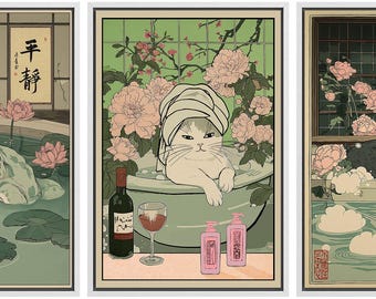 Japanese Bathhouse Art Set of 3 - Framed Playful Frog & Cat Onsen