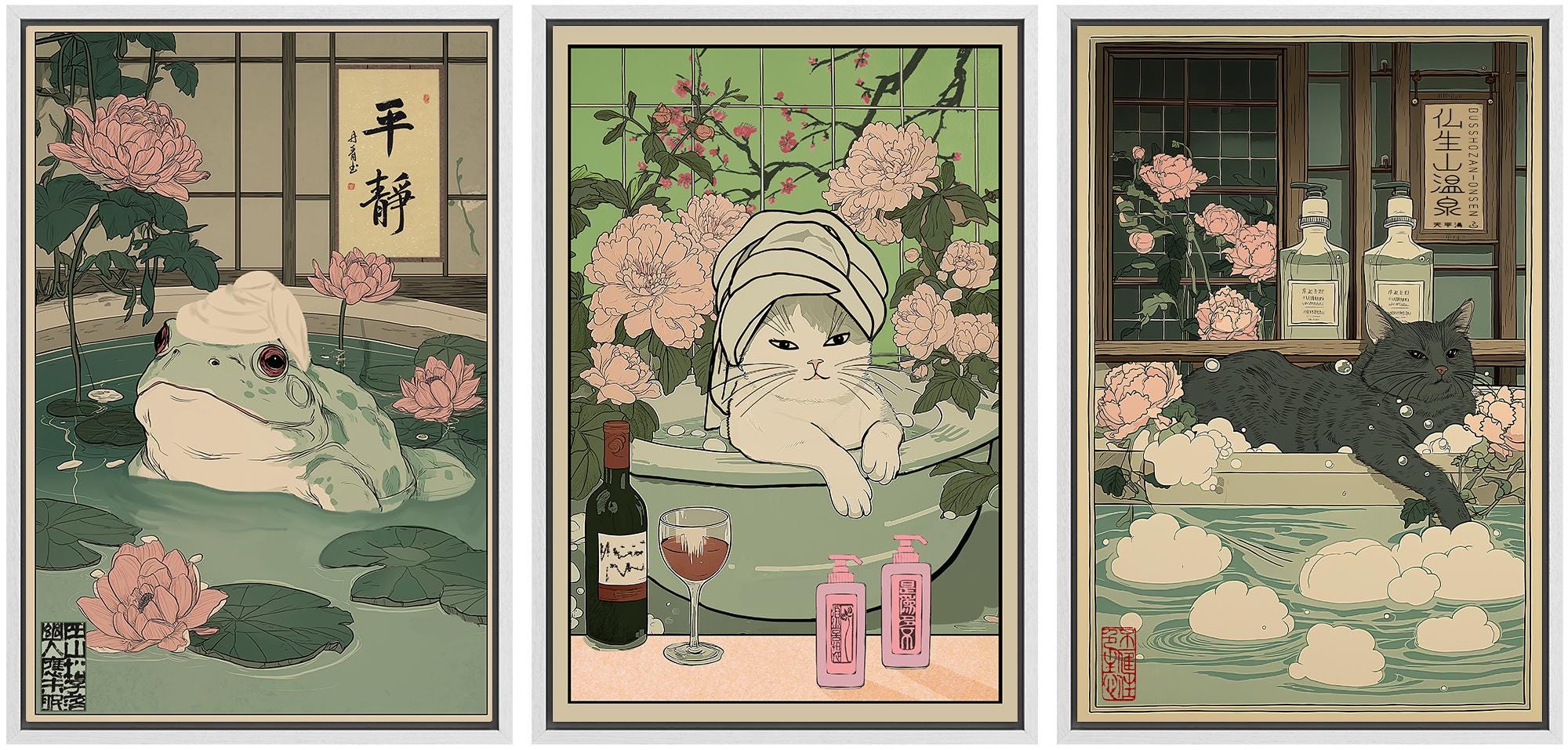 日本限定　Onsen frog cat Ban Japanese Bathhouse Art Set of 3 - Framed Playful Frog & Cat Onsen