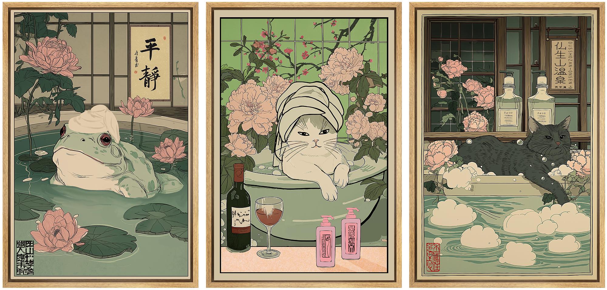 Japanese Bathhouse Art Set of 3 - Framed Playful Frog & Cat Onsen