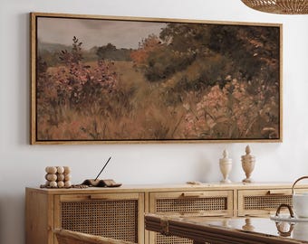 Lienzo enmarcado de gran tamaño para pared, impresiones de paisajes otoñales rústicos vintage, pintura impresionista de campo otoñal, tonos terrosos, decoración de la naturaleza