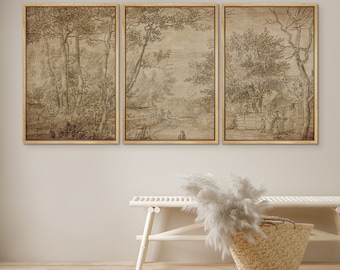 Framed Canvas Wall Art Set of 3 Vintage Sketch Countryside Forest Art Print Retro Rustic Minimalist Modern Neutral Wall Art Farmhouse Decor