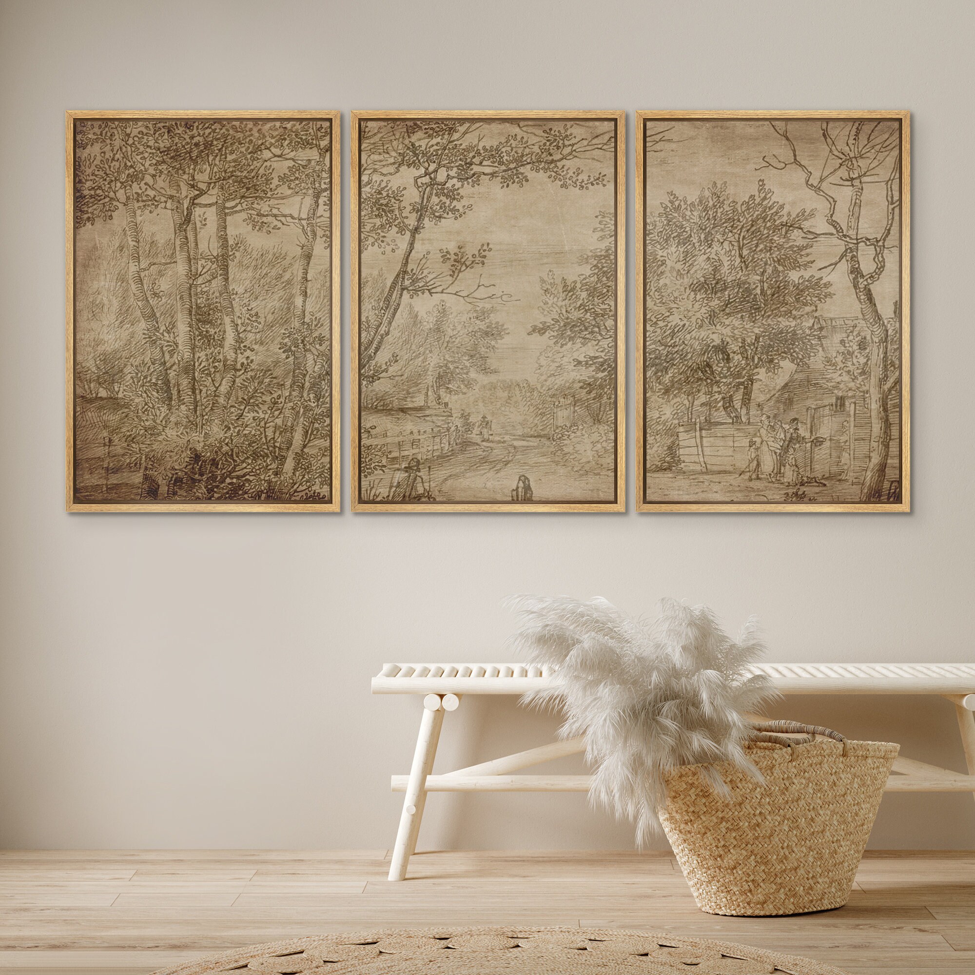 風景画3 Framed Canvas Wall Art Set of 3 Vintage Sketch Countryside Forest