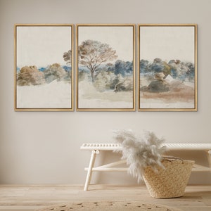 Framed Canvas Wall Art Set of 3 Abstract Neutral Landscape Vintage Rustic Print Minimalist Modern Wall Art Living Room