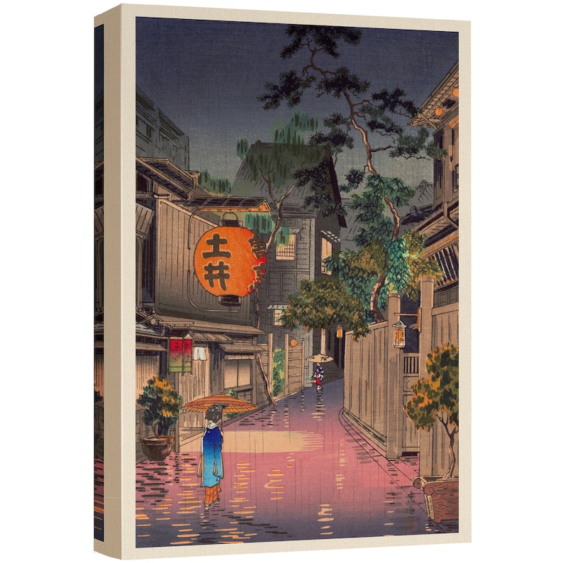 May include: A Japanese woodblock print depicting a rainy street scene in a traditional Japanese town. The street is lined with wooden buildings and lanterns. A woman in a blue kimono walks down the street, carrying an umbrella. The print is in shades of blue, green, and brown.