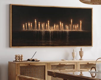 Large Vintage Melting Candles Framed Wall Art, Dark Moody Candlelight Canvas Print, Gothic Warm Glow Living Room Decor