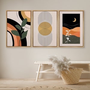 DustinWay Framed Canvas Print Wall Art Set of 3 Desert Geometric Plant Abstract Illustrations Mid Century Modern Art Boho Decor