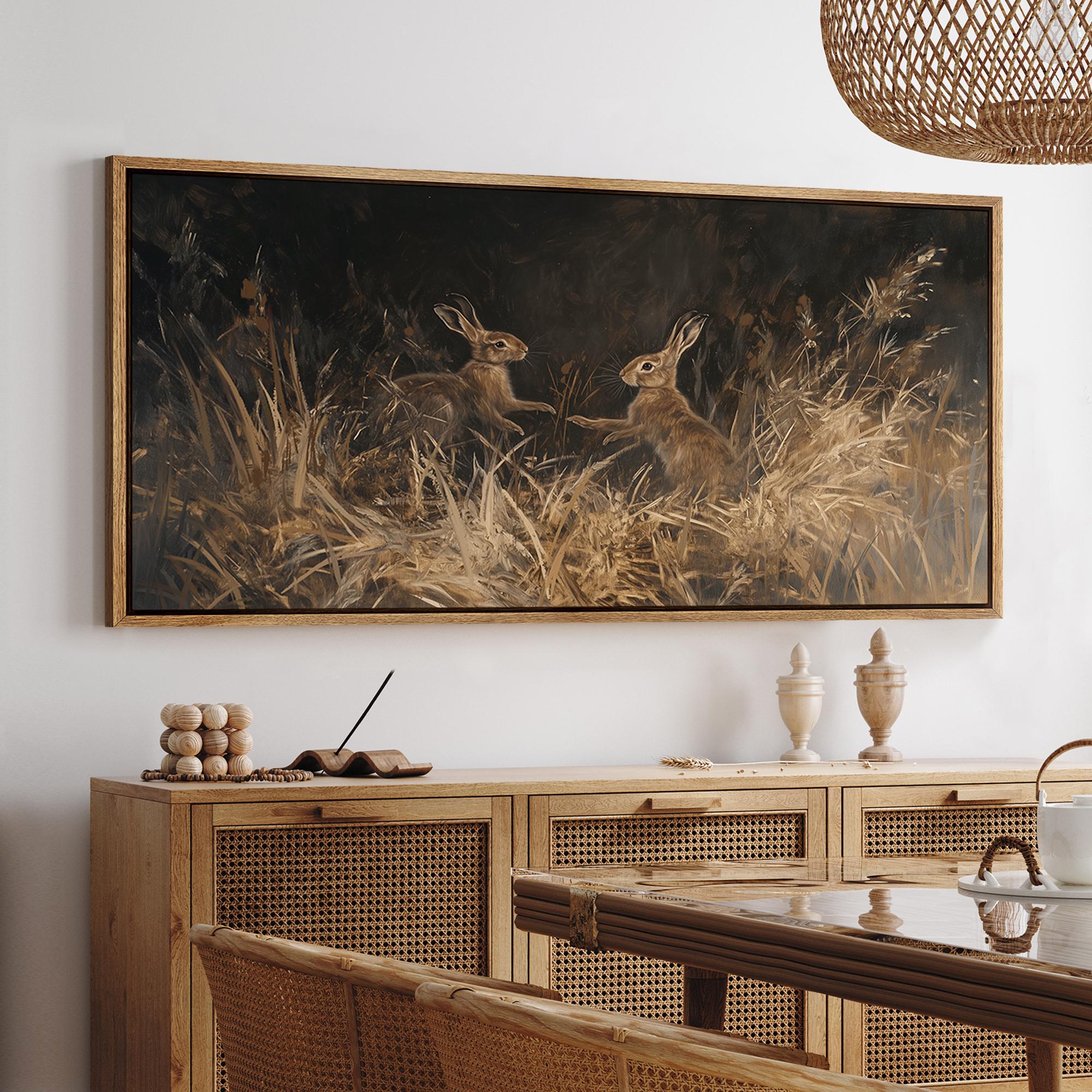 Large Wall Art Framed Canvas Rustic Woodland Field Rabbit Prints Two Hare in Grass Artwork Vintage Animal Painting Nature Countryside Decor