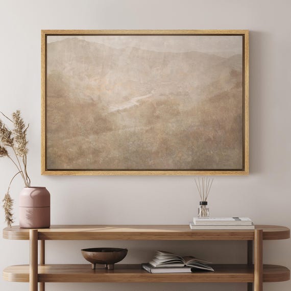 Framed Neutral Abstract Mountain Landscape Wall Art, Minimal Misty Hills Canvas Print, Beige Calm Atmospheric Artwork, Wabi Sabi Decor
