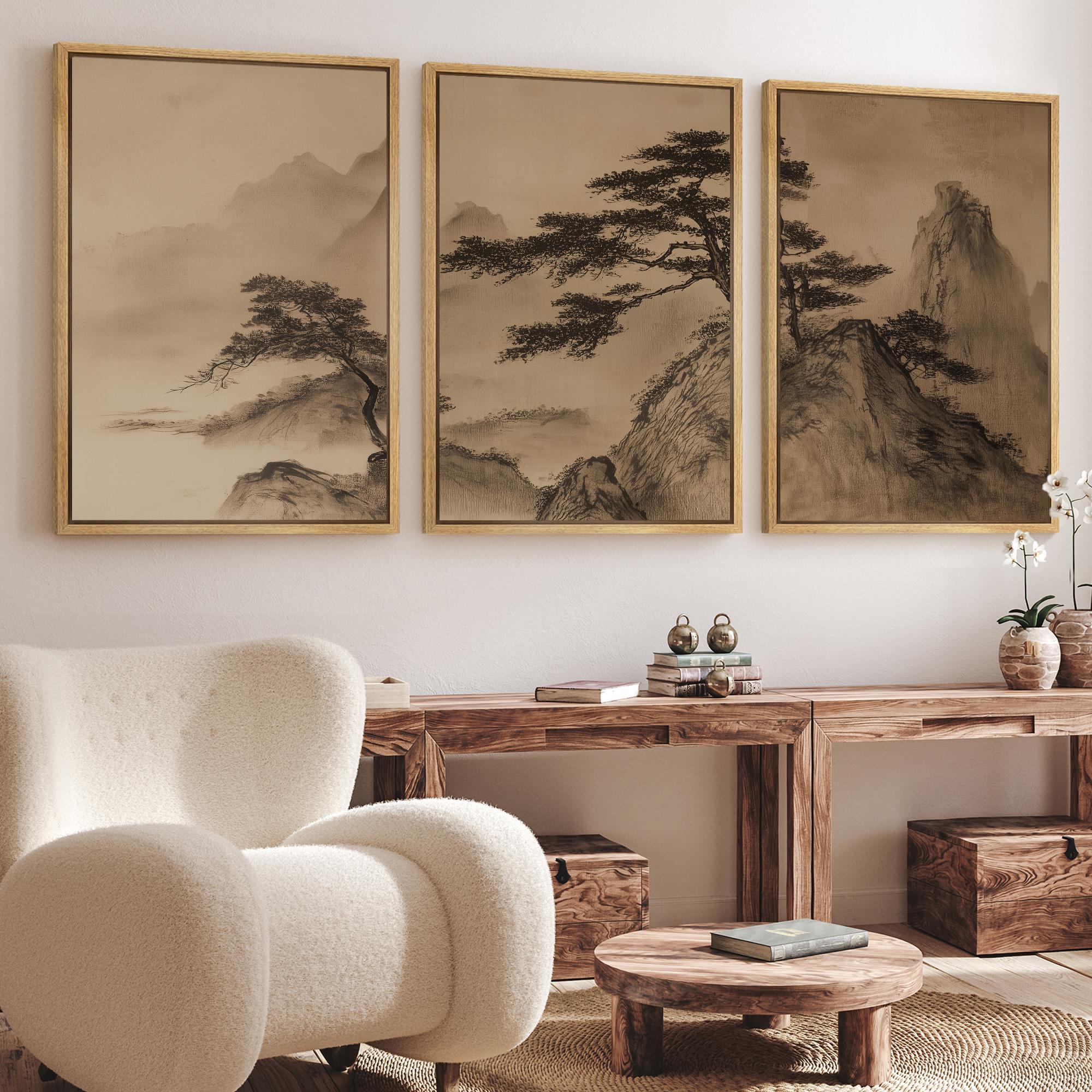 Large Framed Asian Mountain Pine Tree Wall Art Set of 3, Chinese Ink ...