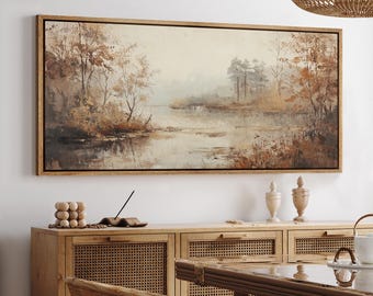 Large Wall Art Framed Canvas Vintage Autumn Landscape Prints Fall Woodland Lake Artwork Rustic Countryside Painting Farmhouse Wall Decor